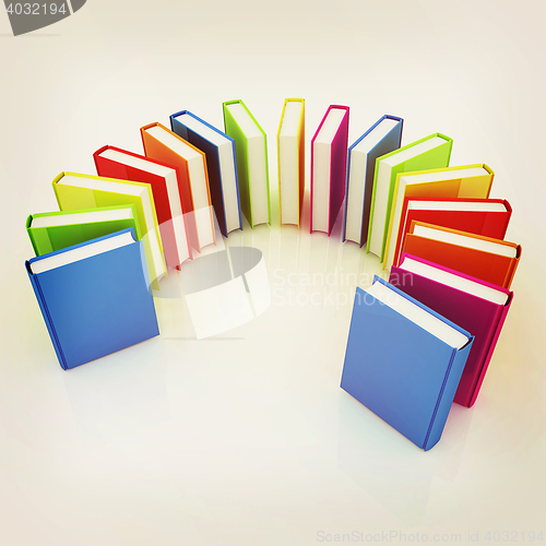 Image of colorful real books. 3D illustration. Vintage style.