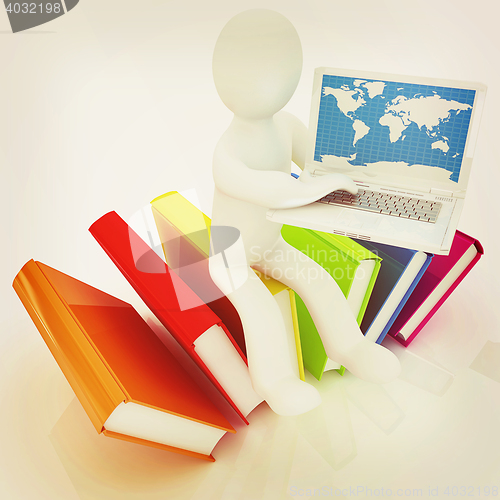 Image of 3d man in hard hat sitting on books and working at his laptop . 