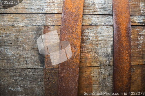 Image of close up of old wooden barrel outdoors