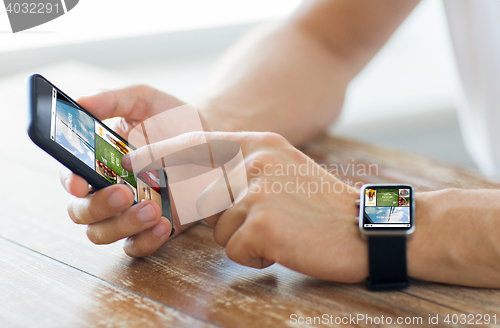 Image of close up of hands with smart phone and watch