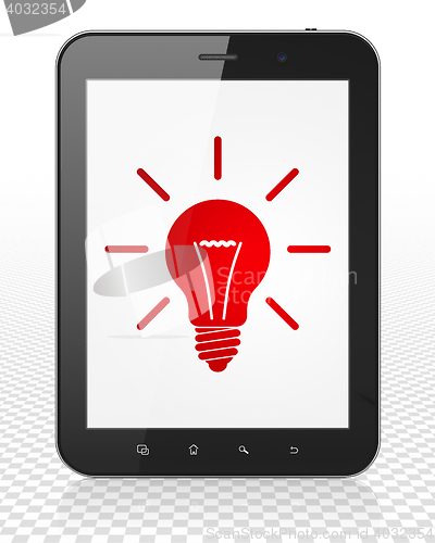 Image of Business concept: Tablet Pc Computer with Light Bulb on display