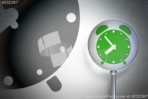 Image of Timeline concept:  Alarm Clock with optical glass on digital background