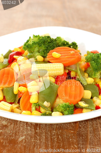 Image of cooked carrots sweet corn and broccoli on plate