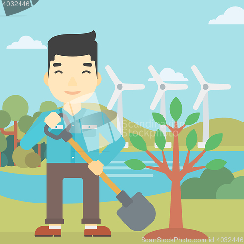 Image of Man plants tree vector illustration.