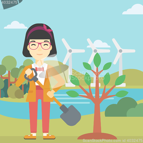 Image of Woman plants tree vector illustration.