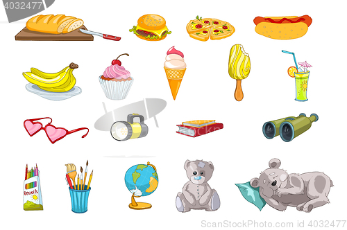 Image of Vector set of food and kid things illustrations.