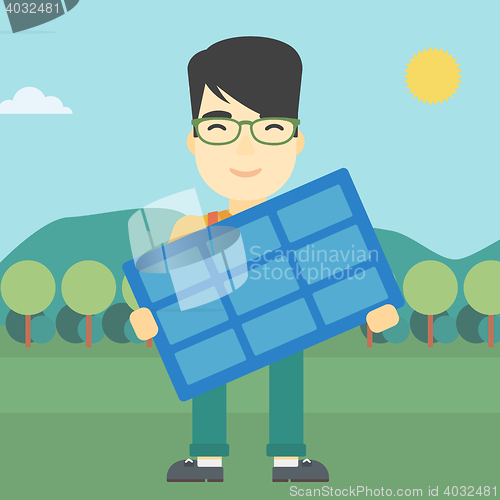 Image of Man holding solar panel vector illustration.