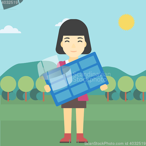 Image of Woman holding solar panel vector illustration.