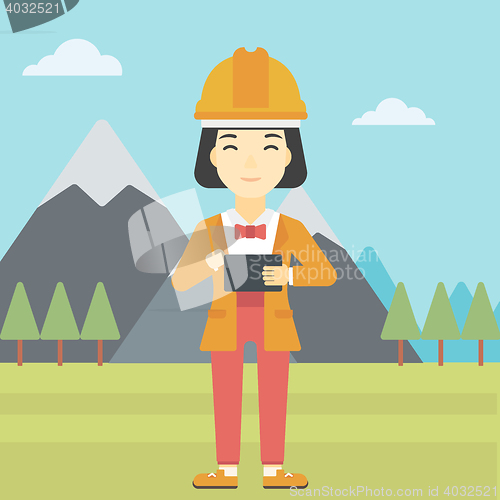 Image of Woman holding tablet computer vector illustration.