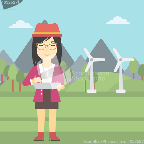 Image of Woman working on laptop vector illustration.
