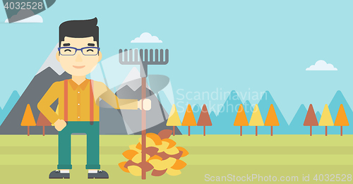 Image of Man raking autumn leaves vector illustration.