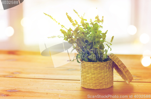 Image of close up of melissa in basket on wooden table