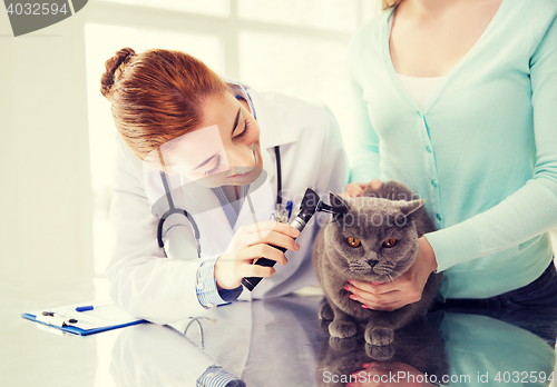 Image of happy woman with cat and doctor at vet clinic