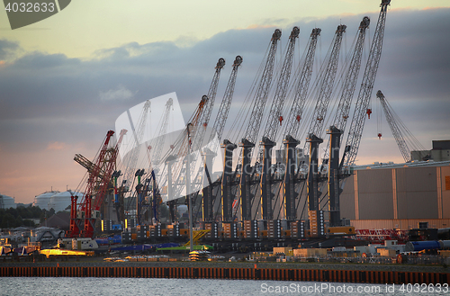 Image of ROSTOCK, GERMANY - AUGUST 14, 2016: Container terminal and crane