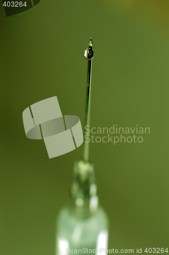 Image of syringe close-up, focus on the drop