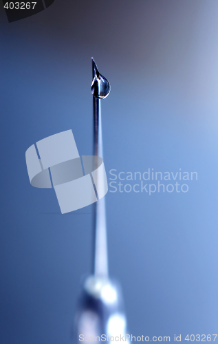 Image of syringe close-up, focus on the drop