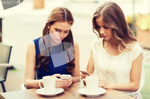 Image of women with smartphones and coffee at outdoor cafe