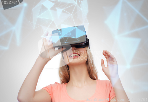 Image of woman in virtual reality headset or 3d glasses