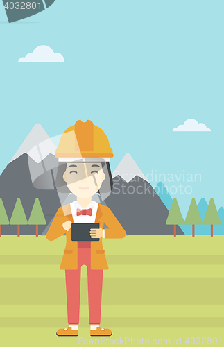 Image of Woman holding tablet computer vector illustration.