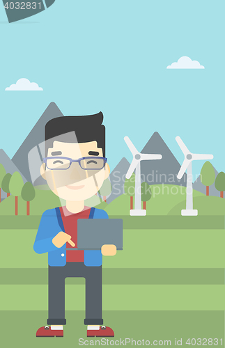 Image of Man working on laptop vector illustration.
