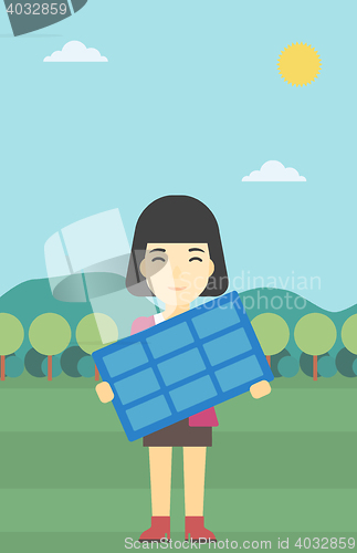 Image of Woman holding solar panel vector illustration.