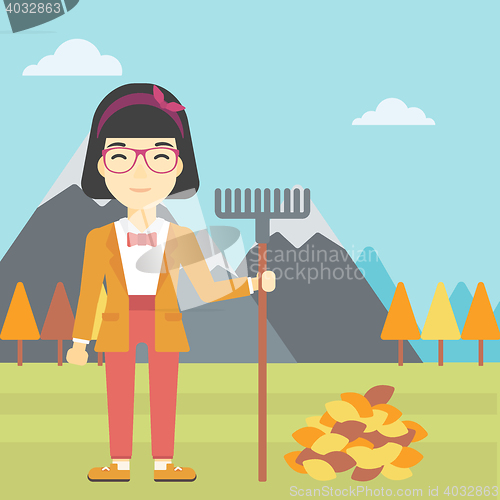 Image of Woman raking autumn leaves vector illustration.