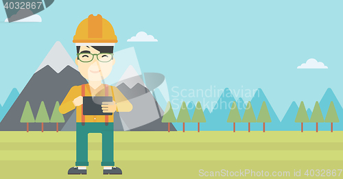 Image of Man holding tablet computer vector illustration.