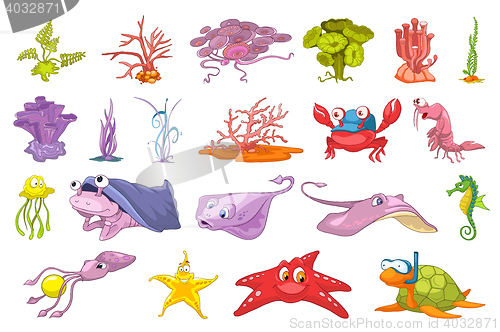 Image of Vector set of seaweed and sea animals illustration