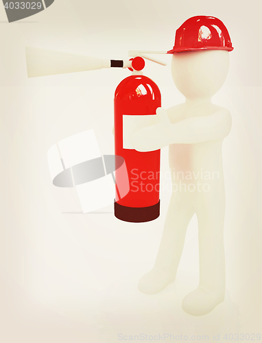 Image of 3d man in hardhat with red fire extinguisher . 3D illustration. 