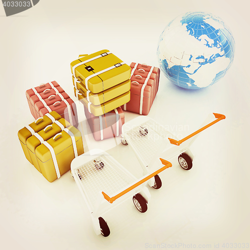 Image of Trolley for luggage at the airport and earth. International tour