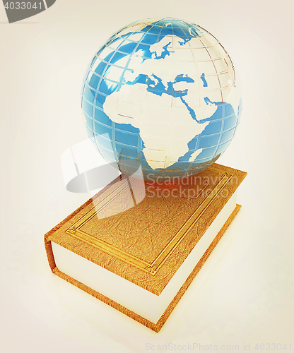 Image of leather book and Earth. 3D illustration. Vintage style.