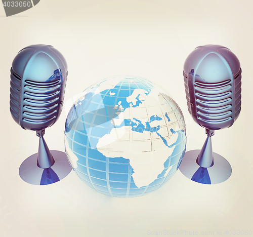 Image of Global online with earth and mics. 3D illustration. Vintage styl