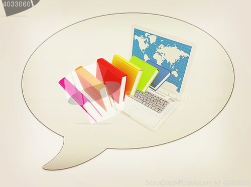 Image of messenger window icon and Colorful books flying and laptop . 3D 