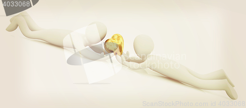 Image of 3D humans lying and holds heart. 3D illustration. Vintage style.