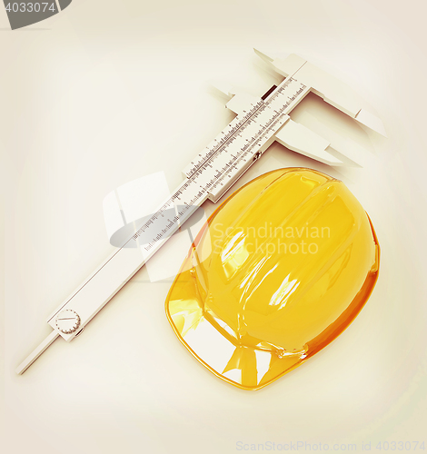 Image of Vernier caliper and yellow hard hat 3d . 3D illustration. Vintag