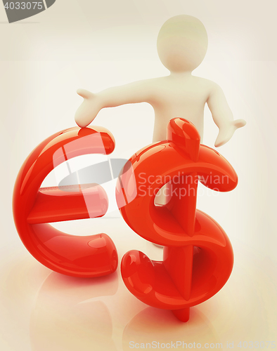 Image of 3d people - man, person presenting - dollar and euro sign. 3D il