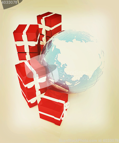 Image of Traditional Christmas gifts and earth. Global holiday concept . 