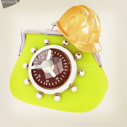 Image of hard hat on purse safe. 3D illustration. Vintage style.