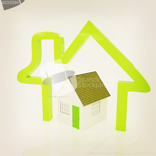 Image of 3d green house and icon house on white background . 3D illustrat