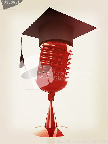 Image of New 3d concept of education with microphone and graduation hat. 