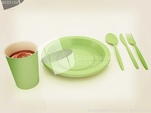 Image of Fast-food disposable tableware. 3D illustration. Vintage style.