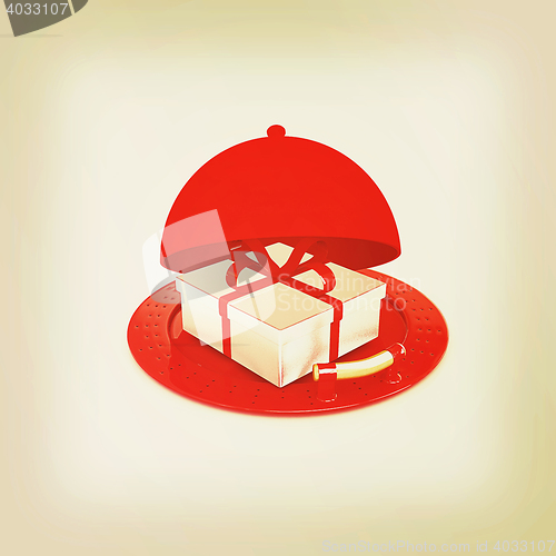 Image of Illustration of a luxury gift on restaurant cloche. 3D illustrat