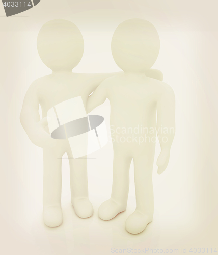 Image of Friends standing next to an embrace. 3d image. Isolated white ba