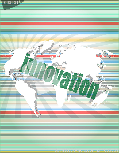 Image of business concept: word innovation on digital touch screen vector quotation marks with thin line speech bubble. concept of citation, info, testimonials, notice, textbox. isolated on white background. f