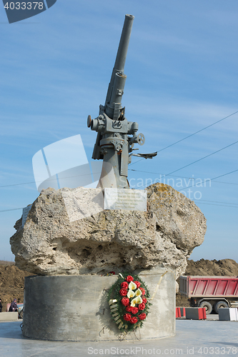 Image of Taman, Russia - March 8, 2016: View of the monument to the Soviet paratroopers in the Tuzla Spit - Lender gun with armored BKA 73 Azov flotilla Black Sea Fleet, who died 11.02.1943 in Kerch-Eltigen Op
