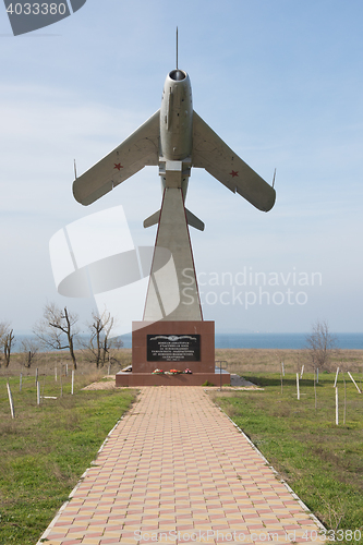Image of Taman, Russia - March 8, 2016: The memorial stele in the form of an airplane taking off, in honor of aviators soldiers, members of the battles for the liberation of the Taman Peninsula from Nazi invad