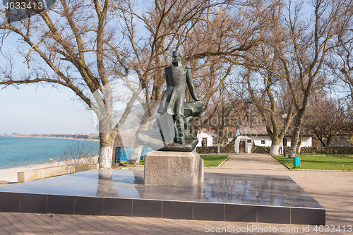 Image of Taman, Russia - March 8, 2016: Mikhail Lermontov Monument in Taman, located on the shore of the Azov Sea in the house-museum in honor of the visit of Lermontov in Taman