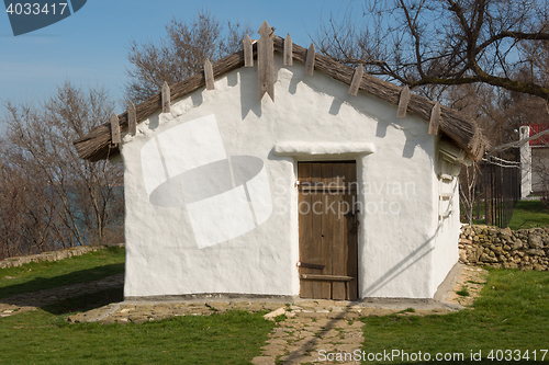 Image of Taman, Russia - March 8, 2016: Old house nebolno - Russian hut, house-museum exhibit in memory of the great Russian poet of stay MY Lermontov\'s Taman in September 1837