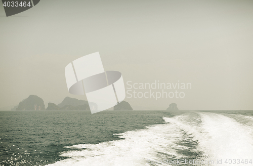 Image of ocean view from board of sailing boat or yacht