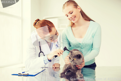 Image of happy woman with cat and doctor at vet clinic